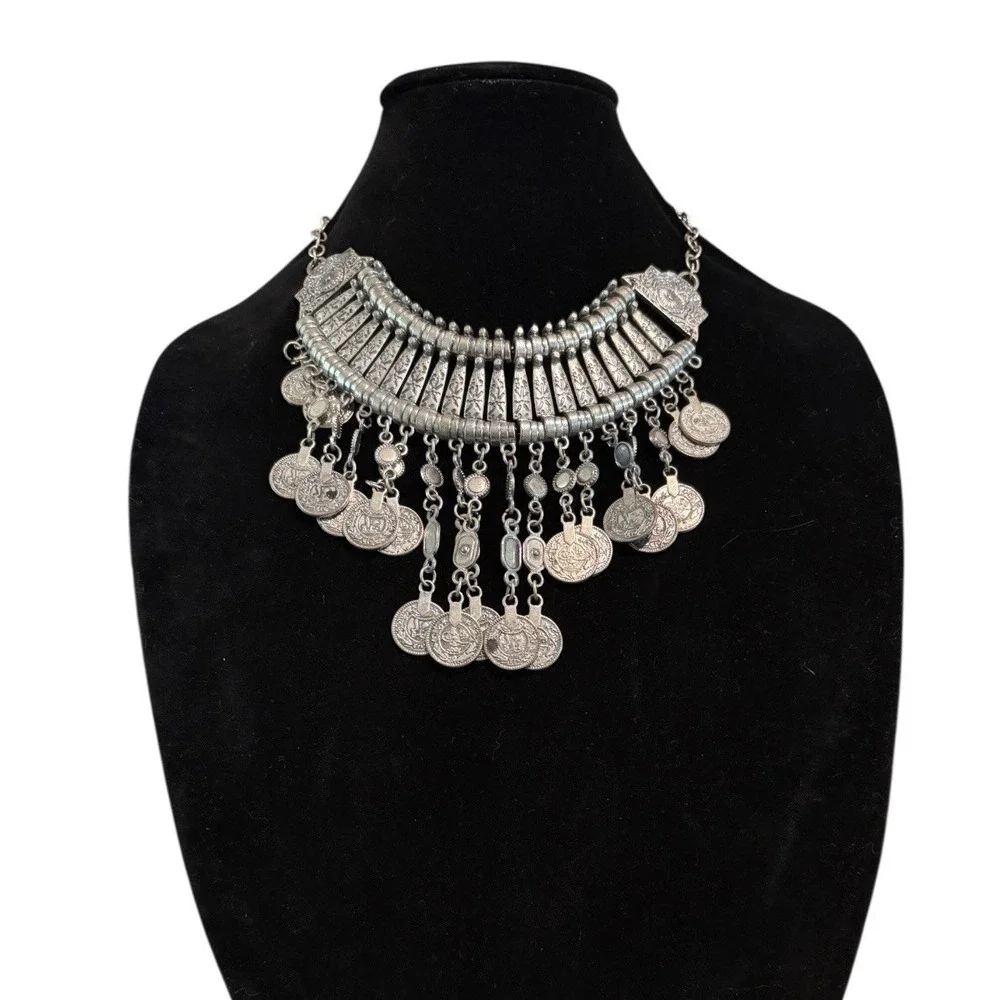 Bohemian Tribal Style Statement‎ Bib Necklace Silver Tone Arabic Coin Accents